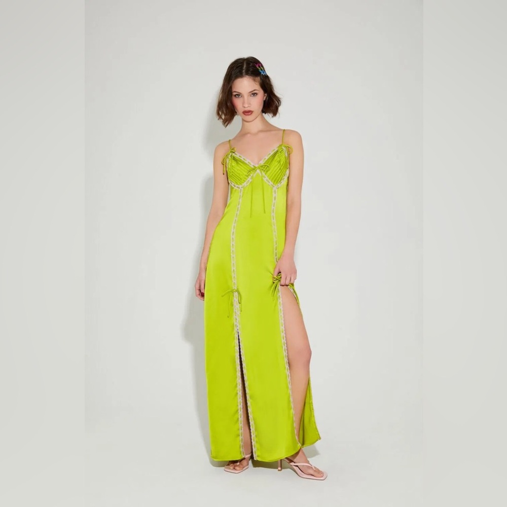Betsey Johnson x Forever 21 satin slip maxi dress in a lime green color.